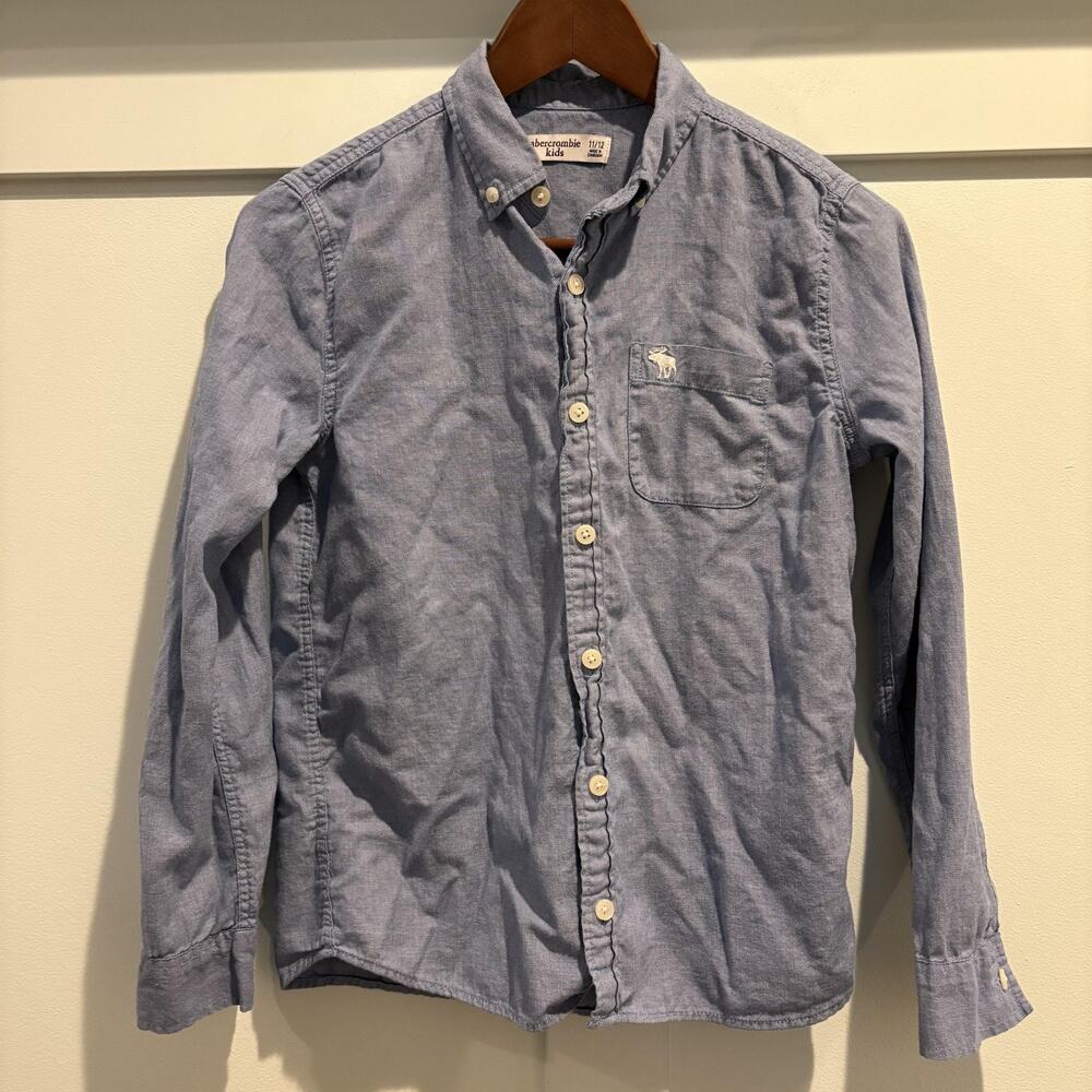 Abercrombie Kids Shirt Boys Size 11/12 Blue Button Down‎ Long Sleeve Moose Logo